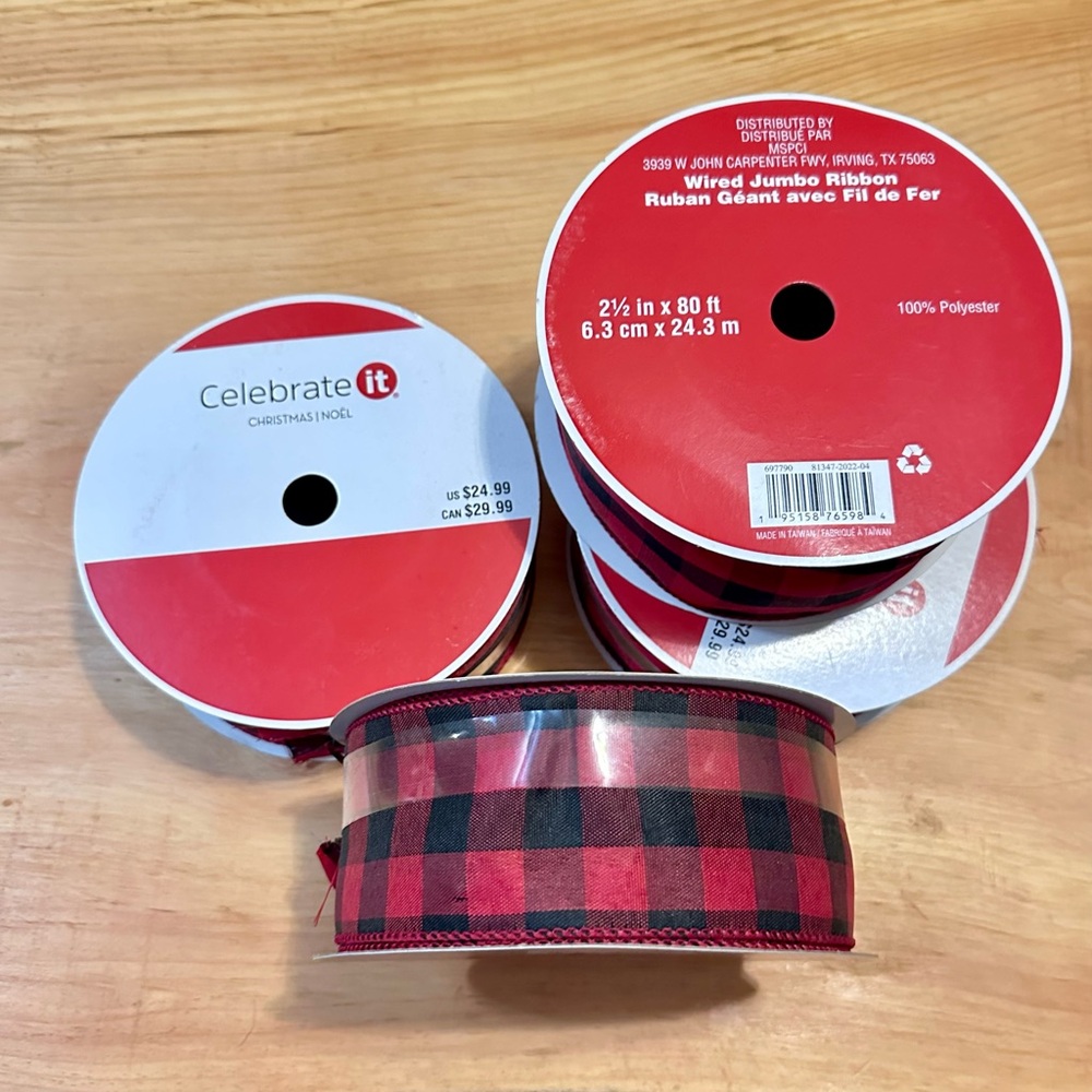 NWT Wired Red and Black Buffalo Plaid Christmas Ribbon- 4 rolls